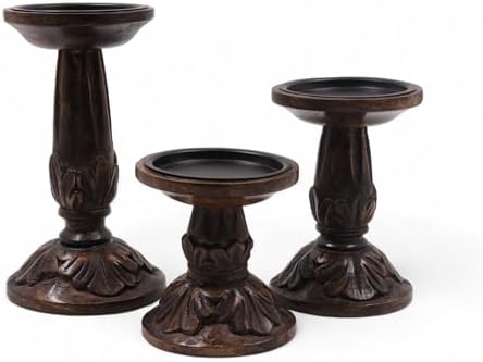 Hosley Set of 3 Wood Pillar Candle Holders 8", 6", 4.25" High Dark Brown Wooden Candlestick Set for Table Centerpiece Ideal for LED & Wax Candles, Rustic Home Decor, Wedding, Party, Spa, Reiki by HOSLEY