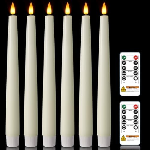 Homemory 9.6 Inches Waxy Flameless Taper Candles with Remote Timer Dimmer, Flickering LED Candlesticks, Battery Operated Window Candle for Christmas Wedding Decor, 6 Pcs Ivory Classic Taper Candles by Homemory
