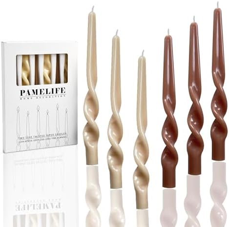 Twisted Taper Candles, 6 Pack 9.5 Inch Brown Beige Two Tone Spiral Design Decorative Set for Thanksgiving, Wedding Table Decor and Home Styling by PAMELIFE