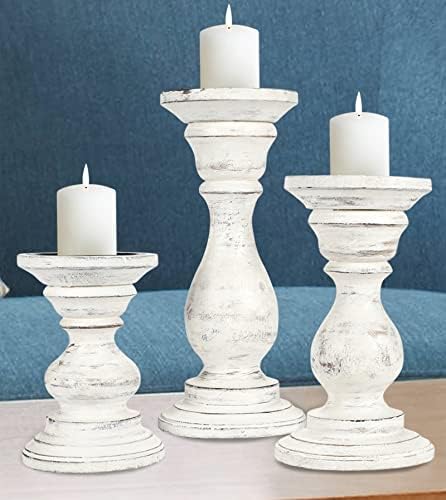 Candle Holder Stand Wooden, Pillar Candle Holder, Unity Candle Holders, Rounded Turned Colums, Country Style Ideal for Gift, Wedding, Christmas, Party, Home - 10,8,6 Inch- Set of 3 -Antique White - Image 2