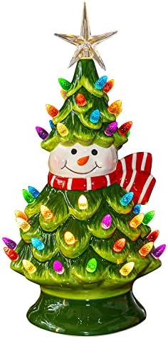 FUNPENY 11" Ceramic Christmas Tree, Pre-lit Battery Operated Vintage Tabletop Snowman Tree Ornaments with 50 Multicolored Lights, Christmas Table Decorations for Xmas Indoor Desk Centerpiece Decor by FUNPENY