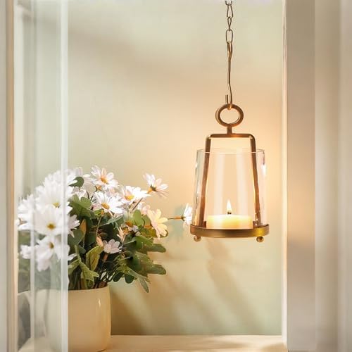 3.3" Wide Modern Farmhouse Metal Hurricane Candle Holder with Handmade Sturdy Glass Sleeve in Antique Brass for Pillar Candle & Plants, Glass Hurricane Lantern, Industrial, Minimalistic - Image 4