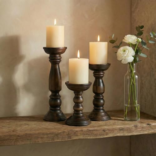 BANOMII Farmhouse Wooden Candle Holders for Pillar Candles Set of 3, Rustic Wood Candle Holder Table Centerpiece Decor, 12'' 9'' 6'' Vintage Tall Candle Stand Decorative, Dark Brown - Image 2