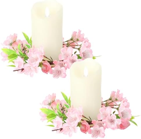 Daifunli 2 Pcs Spring Cherry Blossom Candle Ring Artificial Cherry Blossom Wreaths for Pillar 3.9 Inch Candles Holder for Spring Country Wedding Kitchen Rustic Table Centerpiece Decor by Huiinen
