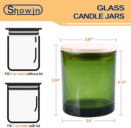 SHOWIN 8 OZ Thick Candle Jars for Making Candles 15 Pcs, Green Empty Jars with Wood Lids for Candle Making, Sample Container,Clear Green - Image 4