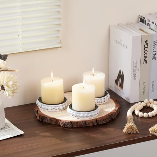 Set of 3 White Wooden Candle Holder Plate Stand for Pillar Candles - Image 6