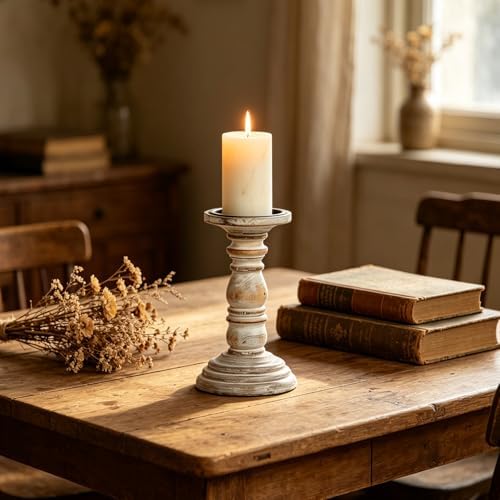 Hosley 8 Inch Distressed White Wooden Pillar Candle Holder - Rustic Farmhouse Pedestal Candlestick Stand for Real & Flameless LED Candles, Vintage Shabby Chic Table Mantel Centerpiece Decor - Image 4