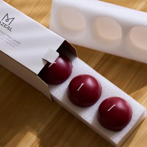MOZEAL Hand-Poured, 3 Inch Dark Red Round Ball Candles - Elegant Dark Red Round Pillar Candles Set of 3, Dripless, Unscented, Smokeless, Ideal for Intimate Gatherings. - Image 6