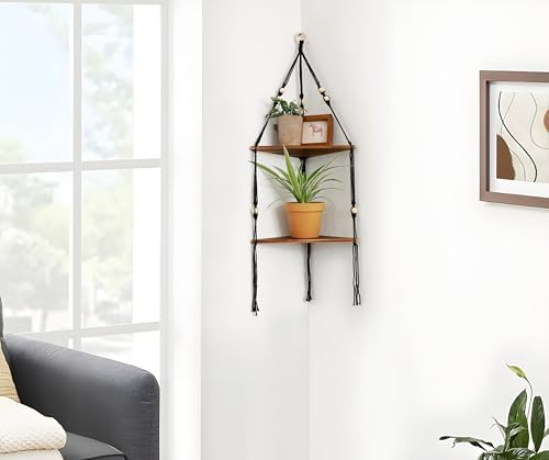 Artilady Corner Shelf Macrame Wall Hanging Balck, Boho Wood Storage Decor - Image 5