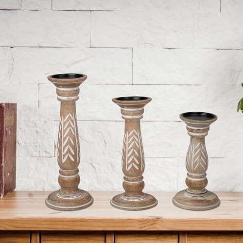 Set of 3 White Wash Farmhouse Wood Pillar Candle Holders - Handcrafted Rustic Tall Candle Holders for Home Decor, Centerpieces, Weddings, and Events - Heights: 14", 12", 10" - Image 4