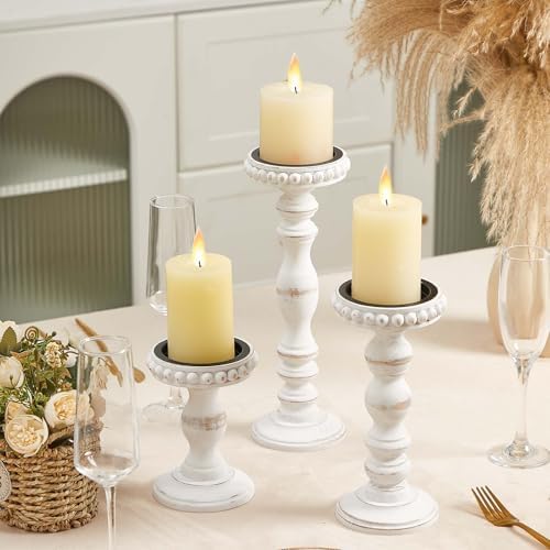 Mumufy 3 Set Wooden Candle Holders for Pillar Candles, White, Large - Image 4