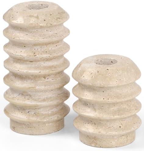 Vixdonos Taper Candle Holder Set Natural Travertine Candlestick Holder Mantle Candle Stand with Natural Stone Holes for Home Decor,Wedding,Party and Table Centerpieces(White) by Vixdonos