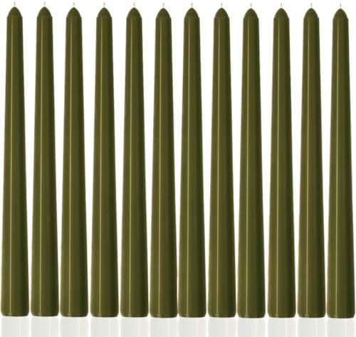 10 Inch Olive Taper Candles-Dripless Unscented Green Tapered Candle Smokeless Candlestick Long Slow Burning 8 Hours Tall Sticks for Christmas Wedding Dinner Parties 12 Pack by MAITREYA