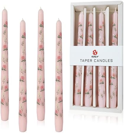 Rose Printed Taper Candle Smokeless- 4 Pack Handmade Pink Taper Candle - Dripless Uncented Candle 10 inches Long Flower Printed Tapered Candles for Mother's Day Home Wedding Restaurant Holiday Decor by XINAOBAOLUO