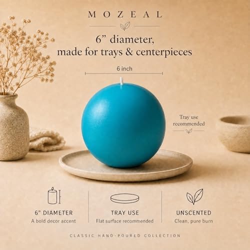 MOZEAL Hand-Poured, 6 Inch Turquoise Large Round Ball Candles - Elegant Turquoise Round Pillar Candles, Dripless, Unscented, Smokeless, Ideal for Summer Parties. - Image 3