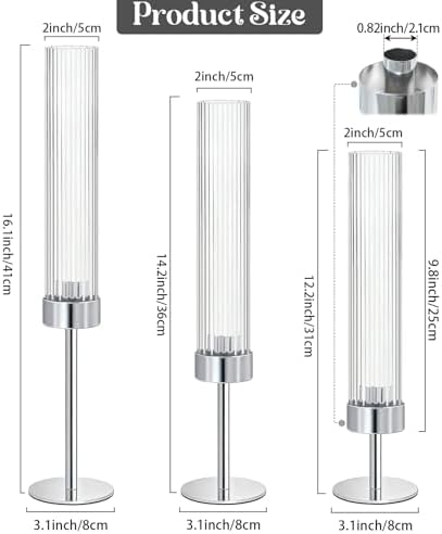 Metal & Acrylic Taper Candle Holders with Ribbed Design - Hurricane Clear Cylinder Candelabra for Wedding, Christmas, Party, Dining Table Centerpiece Decor (Silver, Set of 6) - Image 2