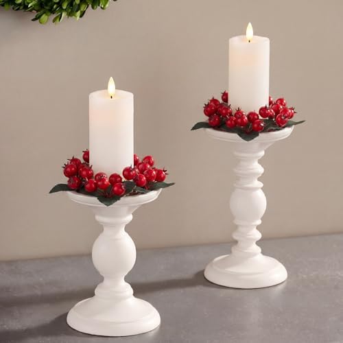 Daifunli 2 Pcs Christmas Red Berry with Leaf Candle Ring Artificial Berry Bell Wreaths for Pillar 2.25 Inch Candles Holder for Winter Christmas Country Wedding Kitchen Table Centerpiece Decor by Huiinen