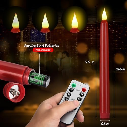Flameless Taper Candles with Remote Control and Timer, Battery Operated LED Candlesticks with Flickering 3D Flame, 9.6×0.8 Inches Plastic Tall Candles for Christmas, Wedding and Home Decor (Red, 6) - Image 5