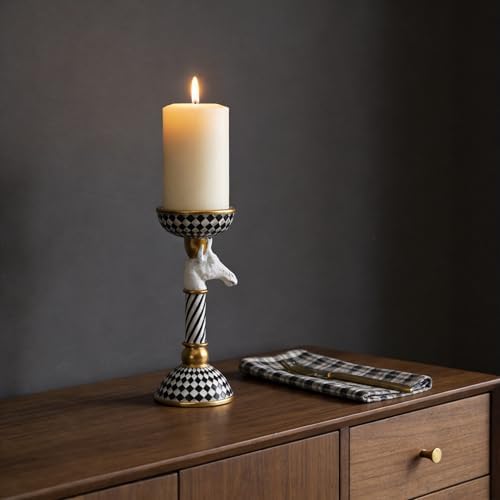 Checkered Animal Candle Holders, Resin Black White Checkered Tiger Head Candlestick Holders, Cute Black-and-White Pillar Candle Stand Home Decorations (Giraffe) - Image 3