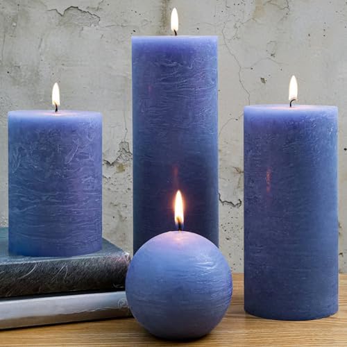 Dark Blue Rustic Textured Pillar Candles Set - 4 Pcs Assorted Sizes Unscented Pillar Candle, Decorative Farmhouse Candles for Home Centerpiece Decor, Holiday Dinner Table, Dripless & Smokeless by MOSROAD