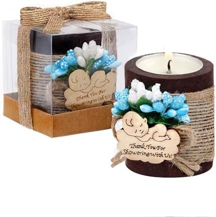 10-Piece Wooden Tea Candle Holders for Baby Shower Gifts, Gender Reveal Parties, Party Favors for Guests. (Dark Brown & Blue) by JusFavors