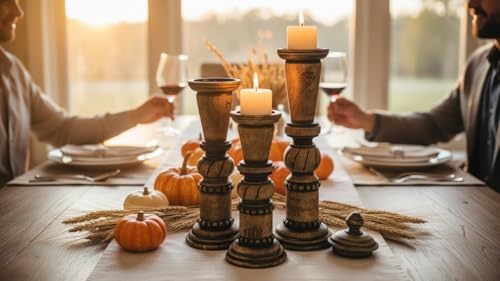 Round Wooden Decorative Candle Holder Rustic Wooden Pillar Candle Holders Set of 3, 18'' 15'' 12'' Farmhouse Wood Candle Stand Vintage Candleholders Decor for Living Room, Black - Image 4