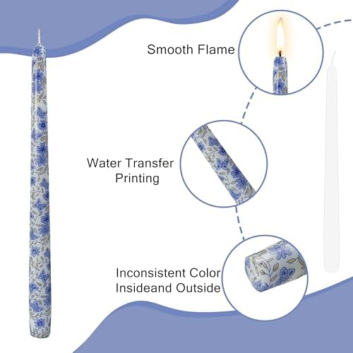 10 inche Floral Candle Sticks Printed Candlestick 4 Pack Blue and White Porcelain Unscented Taper Candle Long Blue Flower Tapered Candles for Home Dinner Wedding Holiday - Image 3