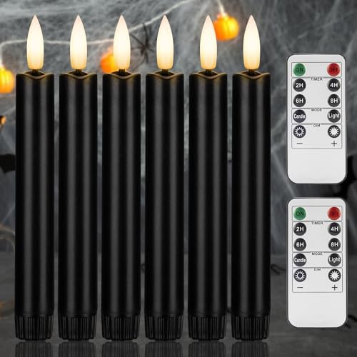 Black Flameless Taper Candles with Remote, Short Halloween Candlesticks by AFINETH