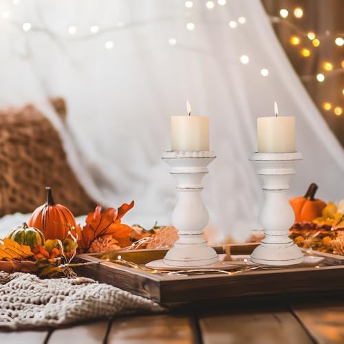 Candle Holder for Pillar Candle Set of 2, Farmhouse Wood Candle Holder, Rustic Wooden Candle Stand, Vintage Wooden Candlestick Holders Decorative for Living Room, Table Centerpiece, Antique White - Image 5
