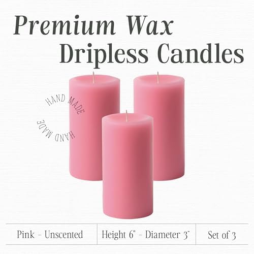 Mister Candle Dripless Unscented Pillar Candles, Set of 3 Hand Poured Pink Pillar Candles, Solid Color Non-Scented Candles for Home Decor, Premium Wax, 80 Hr Burn Time, 3x6 Inch - Image 2
