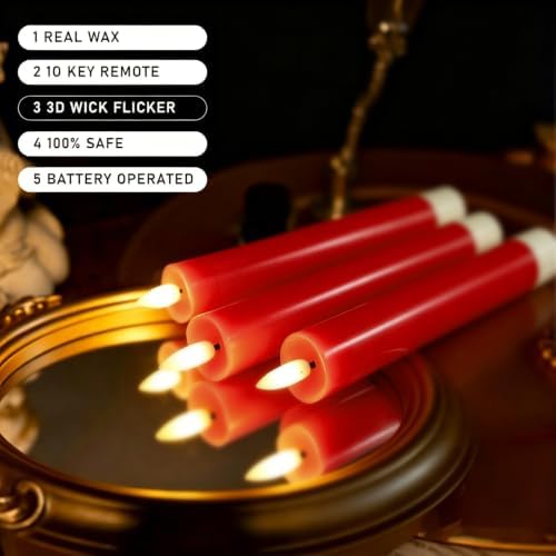 KSWING Upgraded Real Wax Short LED Flameless Taper Candles with Remote, 6 Inch Red Candlesticks Battery Operated 3D Flickering - 6" Realistic Fake Candle Sticks for Home/Wedding/Fireplace Xmas Decor - Image 3