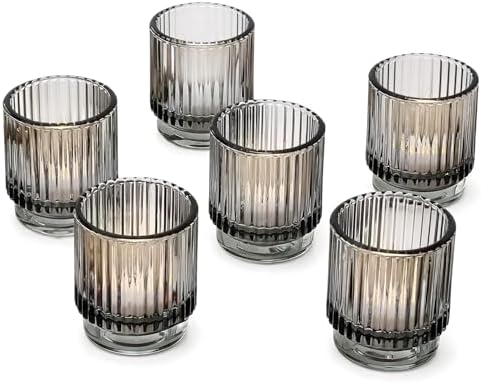 Kate Aspen Ribbed Glass Candle Holder Set - 6 Smoke Gray Tealight Holders for Home, Kitchen, Room or Living Room Decor - Vintage Tea Light Votive Accent for Table or Shelf Styling by KateAspen