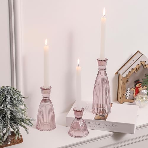 Vertical Stripe Candlestick Holders Set of 3, Premium Glass Candle Holders for Candlesticks and Taper Candles, Vintage Candle Holder Decor for Table Centerpiece, Pink - Image 3