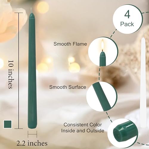 10 Inch Dark Green Taper Candle Hand Poured Unscented Smokeless 4 Pack Long Tapered Candle for Easter Forest Wedding Dinner Rustic Farmhouse Holiday Home Decor - Image 3