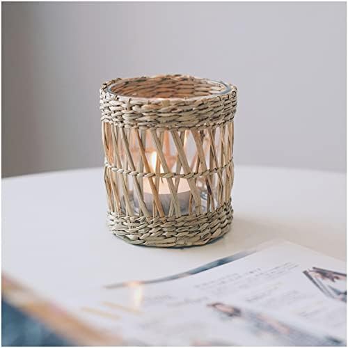 Wicker Rattan Woven Tea Light Candle Holder Set of 2, Handcraft Woven Votive Candle Holder, Rustic Vintage Seagrass Glass Votive Candle Holders for Dining Table Christmas Decoration - Image 7