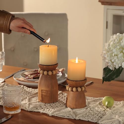 NIKKY HOME Farmhouse Beaded Wooden Pillar Candle Holders Set of 2 - Image 3