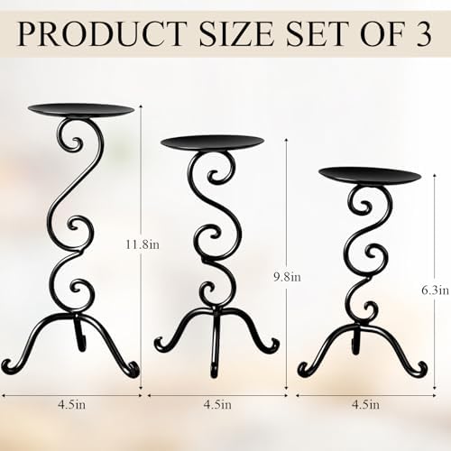 3 Pcs Black Iron Candlestick Holders 11.8,9.8,6.3 Inch, Antique - Image 2