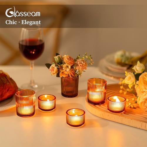 Glasseam Glass Votive Candle Holders: 8 Pcs Amber Ribbed Tealight for Table - Image 4