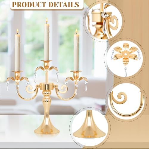 Metal 3 Arm Gold Candelabra with Crystal Pendants - 11.8 Inch Tall Candle Holders, Set of 6 - Elegant Taper Candlestick Stand for Wedding, Dining Table, Party Home Decoration - Image 3