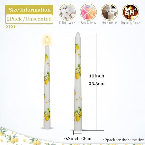 10 Inch White Lemon Taper Candles - 2PCS Unscented Long Candle Sticks with Lemon Print Perfect for Holiday Celebration Family Gatherings Weddings and Restaurants - Image 2