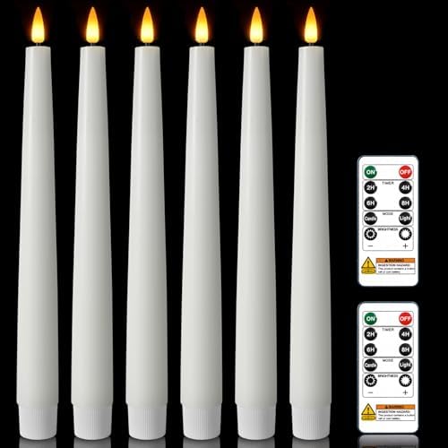 Homemory 9.6 Inches Waxy Flameless Taper Candles with Remote Timer Dimmer, Flickering LED Candlesticks, Battery Operated Window Candle for Christmas Wedding Decor, 6 Pcs White Classic Taper Candles by Homemory
