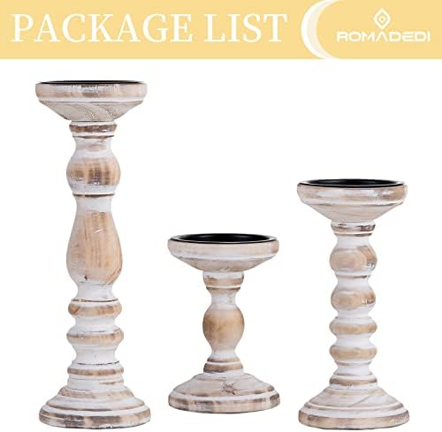 Romadedi Rustic Whitewashed Solid Wood Pillar Candle Holders, Set of 3 - Image 5