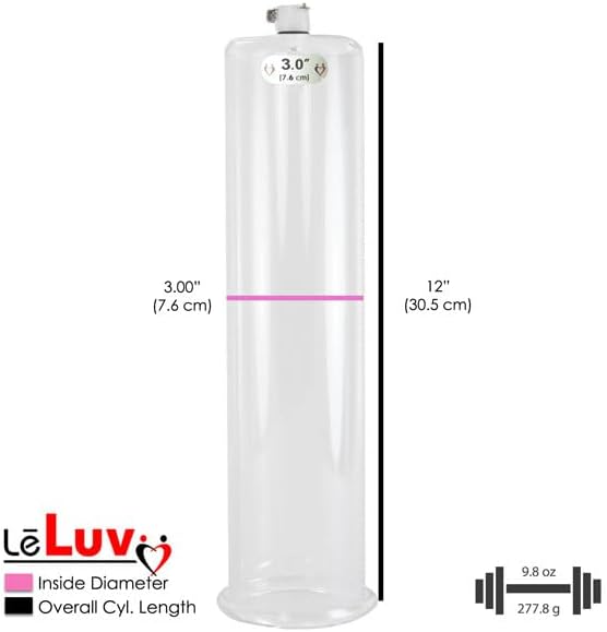 LeLuv Vibrating Penis Pump Maxi - Pink Nylon Handle + Protected Gauge - Bundle with Clear Hose - 12 inch Length x 3 inch Diameter Cylinder