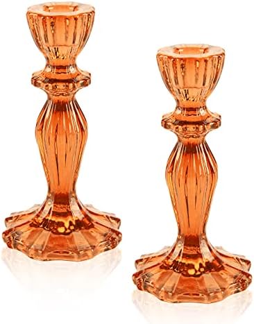 Glass Candle Holders, 2PCS Pillar Candle Holders Decorative Candlestick Holders Table Centerpieces Valentines Wedding Home Decor, Orange by SHOWLOUE