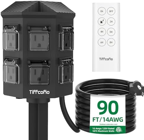Outdoor Power Strip with 90FT Extension Cord, 100FT Remote Control, Dusk to Dawn Light Timer Waterproof, 6 Grounded Outlets for Yard, Pool and Garden, ETL Listed by TiFFCOFiO