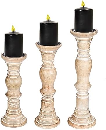 Rustic Candle Holder Set of 3 – 10", 8", 6" – Burnt Finish Wooden Pillar Stands for Wedding, Party, Home Décor, Spa – Country Style Gift for Table Centerpiece - Image 7