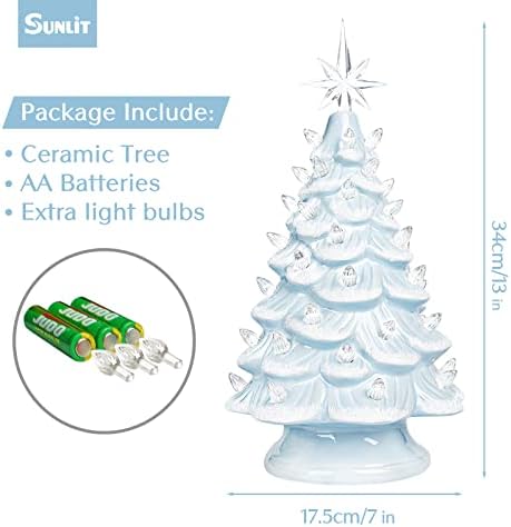 Sunlit Cordless Lighted Ceramic Christmas Tree Vintage Tabletop Christmas Decoration Pre-Lit Colorful Mini Light Bulbs 13" Traditional AA Battery Operated LED - White and Light Blue - Image 2