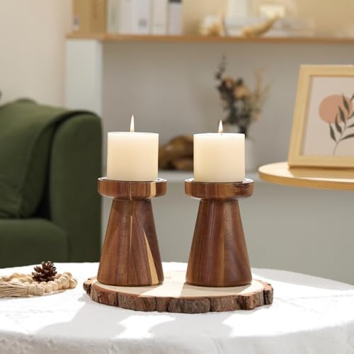 Rustic Acacia Wood Pillar Candle Holder - Image 7