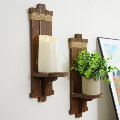 Homemory 2 Pack Brown Wood Wall Sconces Candle Holders, Farmhouse Decor - Image 4