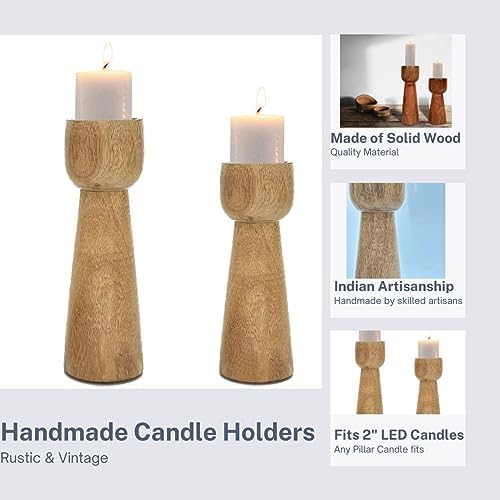 Perilla Home Wooden Pillar Candle Holders Set of 2 - Home Decor Candle Holder Centerpiece - for, Taper Candles, Dining Table Candle Holder Halloween, Home Decor, Candlesticks - Rustic Brown - Image 2